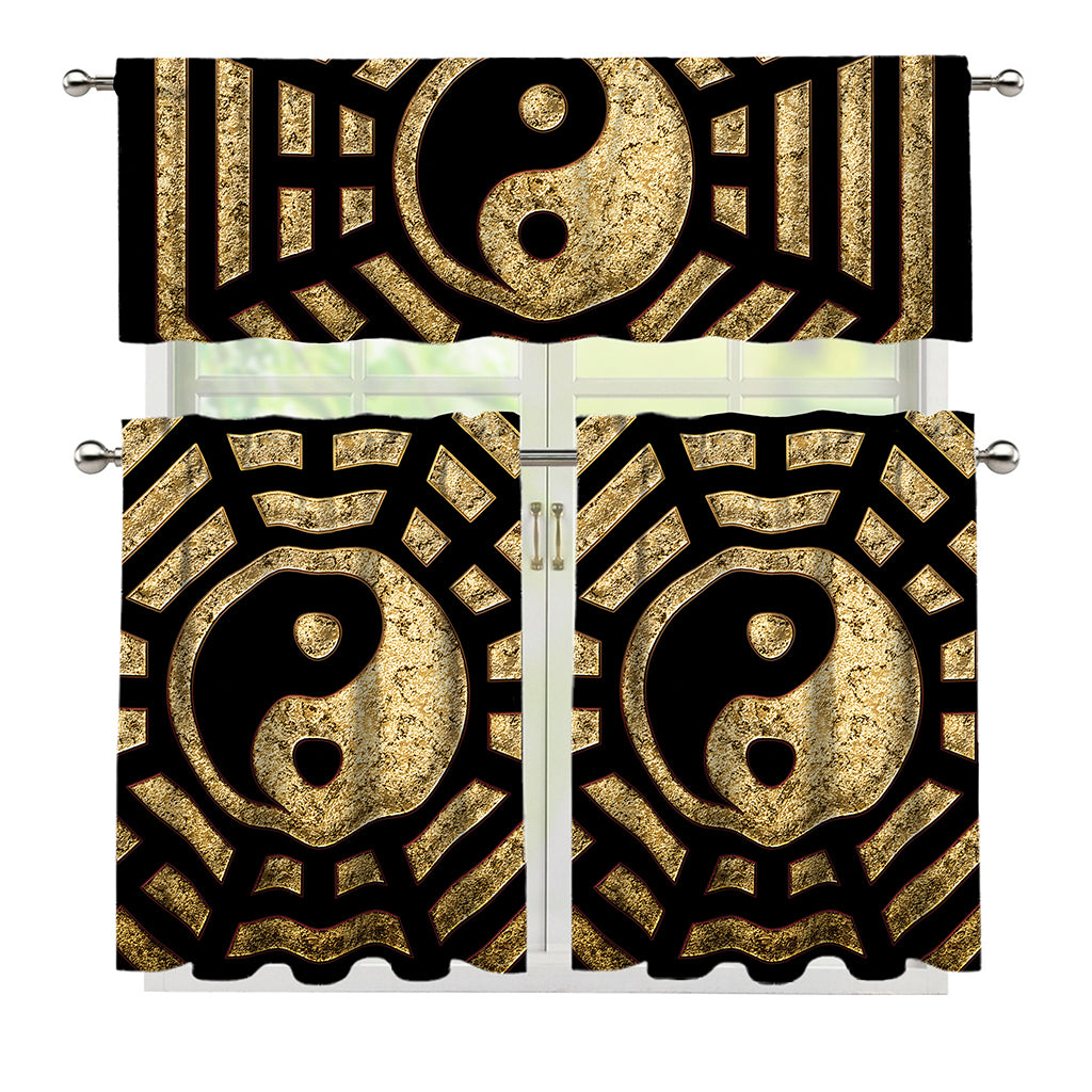 Gold Bagua Yin Yang Print 3 Piece Kitchen Curtains