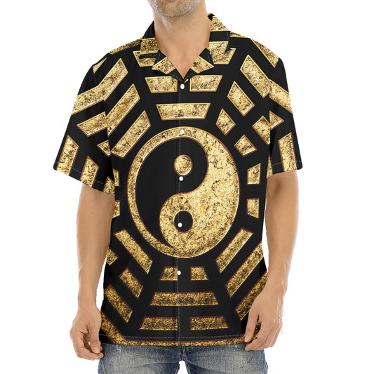 Gold Bagua Yin Yang Print Aloha Shirt
