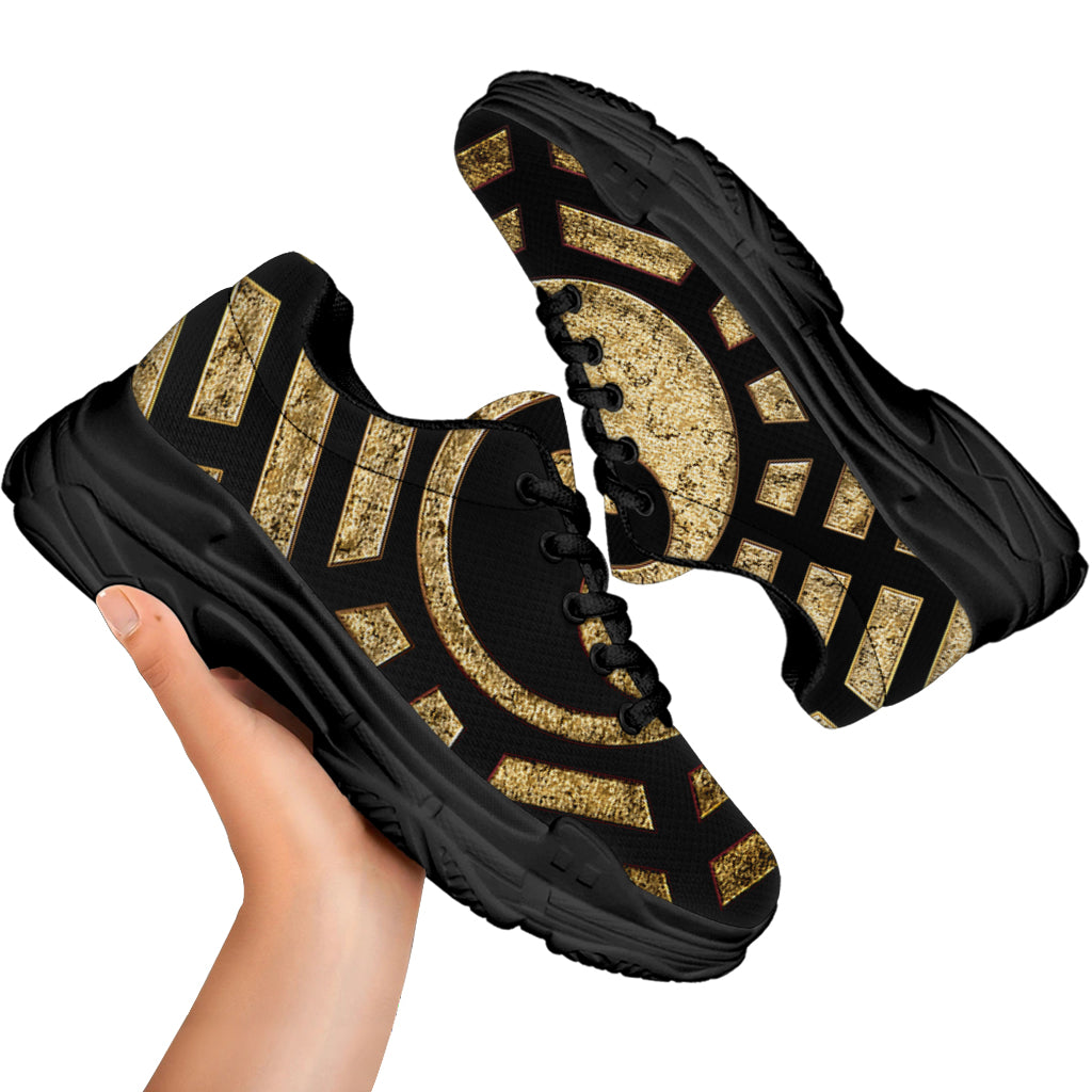 Gold Bagua Yin Yang Print Black Chunky Shoes