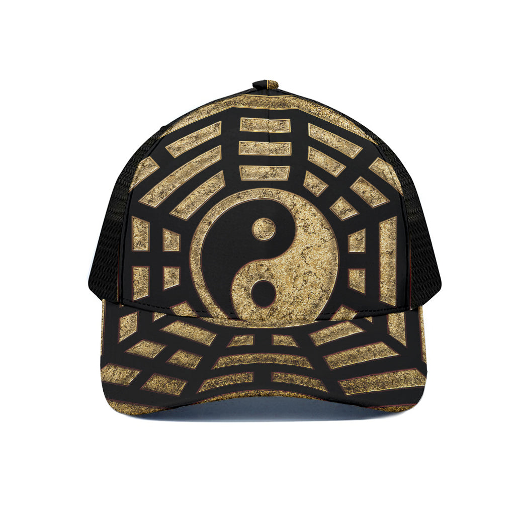 Gold Bagua Yin Yang Print Black Mesh Trucker Cap