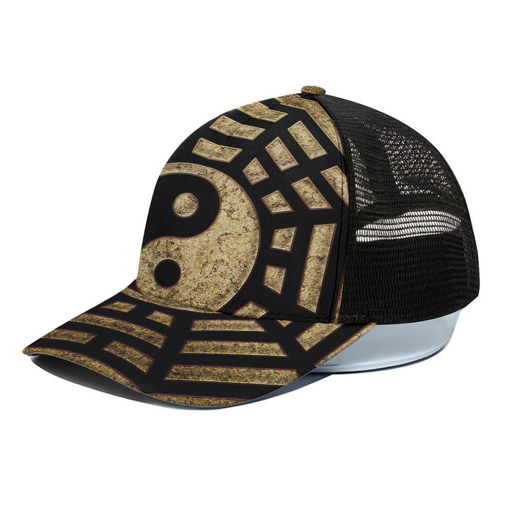 Gold Bagua Yin Yang Print Black Mesh Trucker Cap