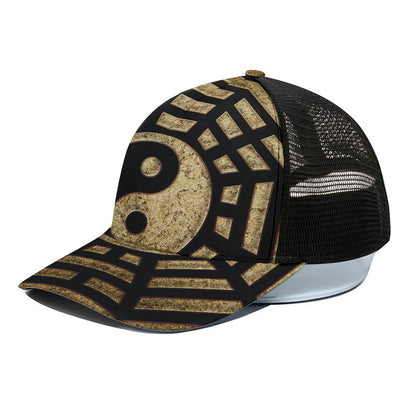 Gold Bagua Yin Yang Print Black Mesh Trucker Cap