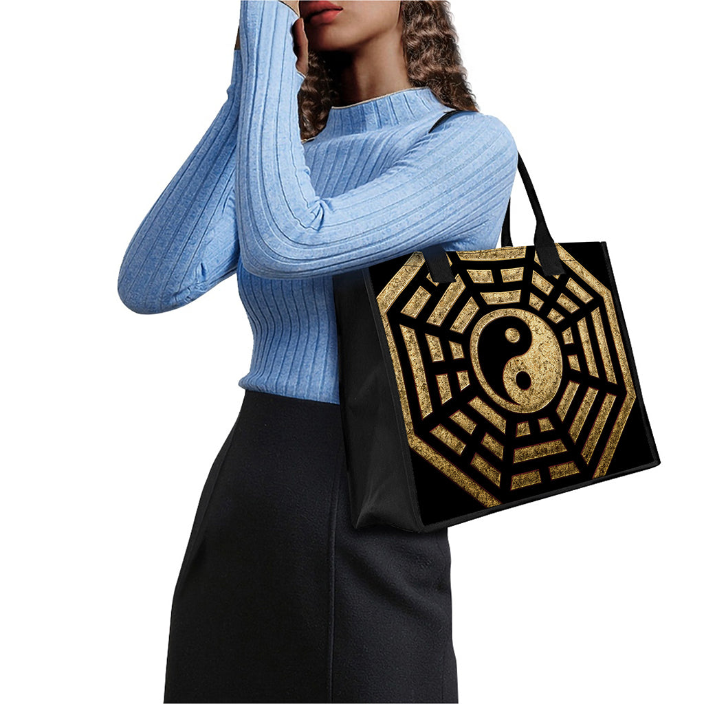 Gold Bagua Yin Yang Print Canvas Tote Bag