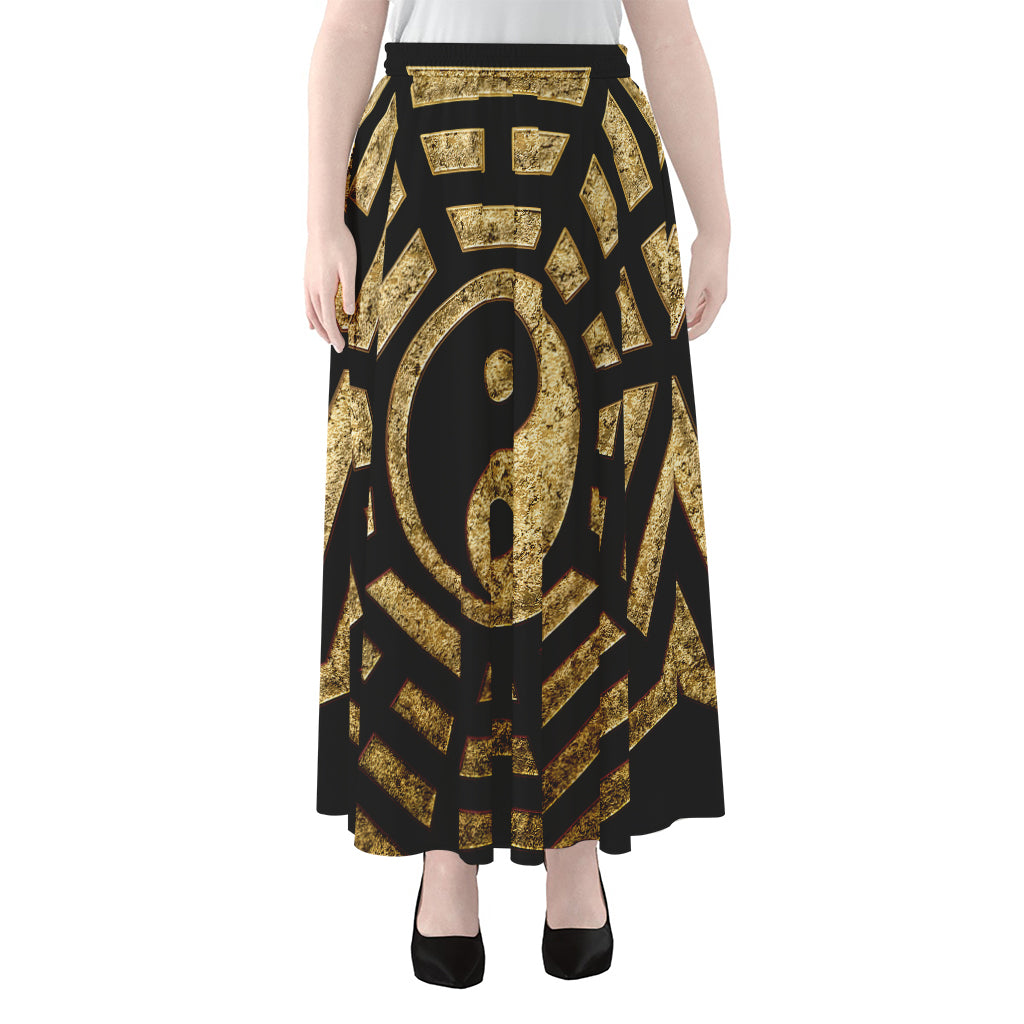Gold Bagua Yin Yang Print Chiffon Maxi Skirt