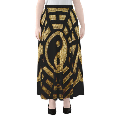 Gold Bagua Yin Yang Print Chiffon Maxi Skirt