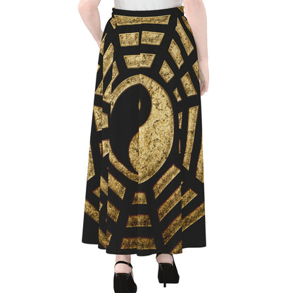 Gold Bagua Yin Yang Print Chiffon Maxi Skirt