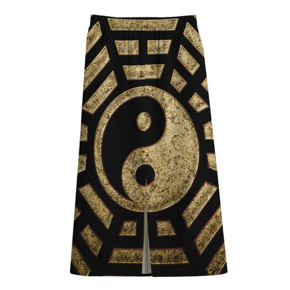 Gold Bagua Yin Yang Print Cotton Front Slit Maxi Skirt