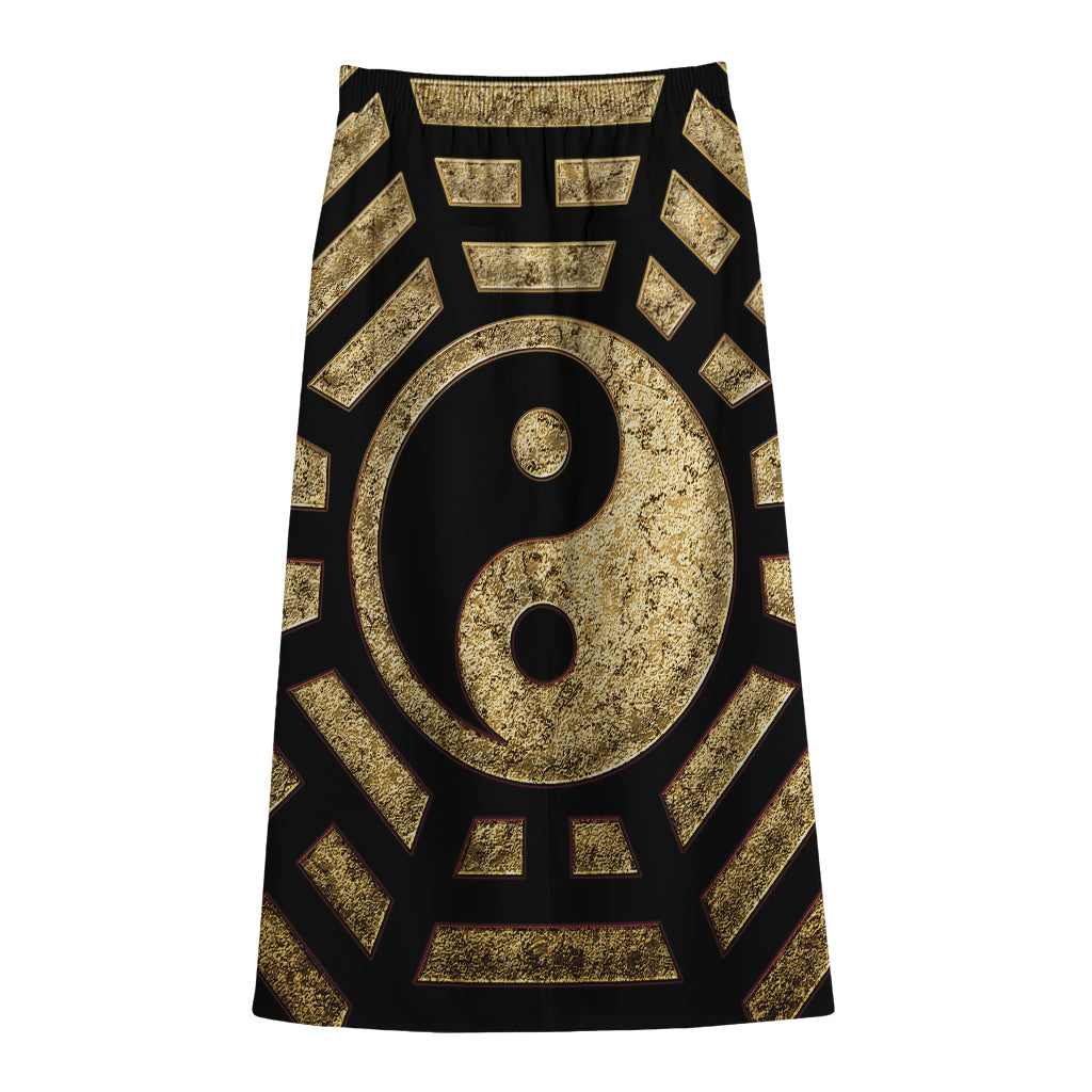 Gold Bagua Yin Yang Print Cotton Front Slit Maxi Skirt