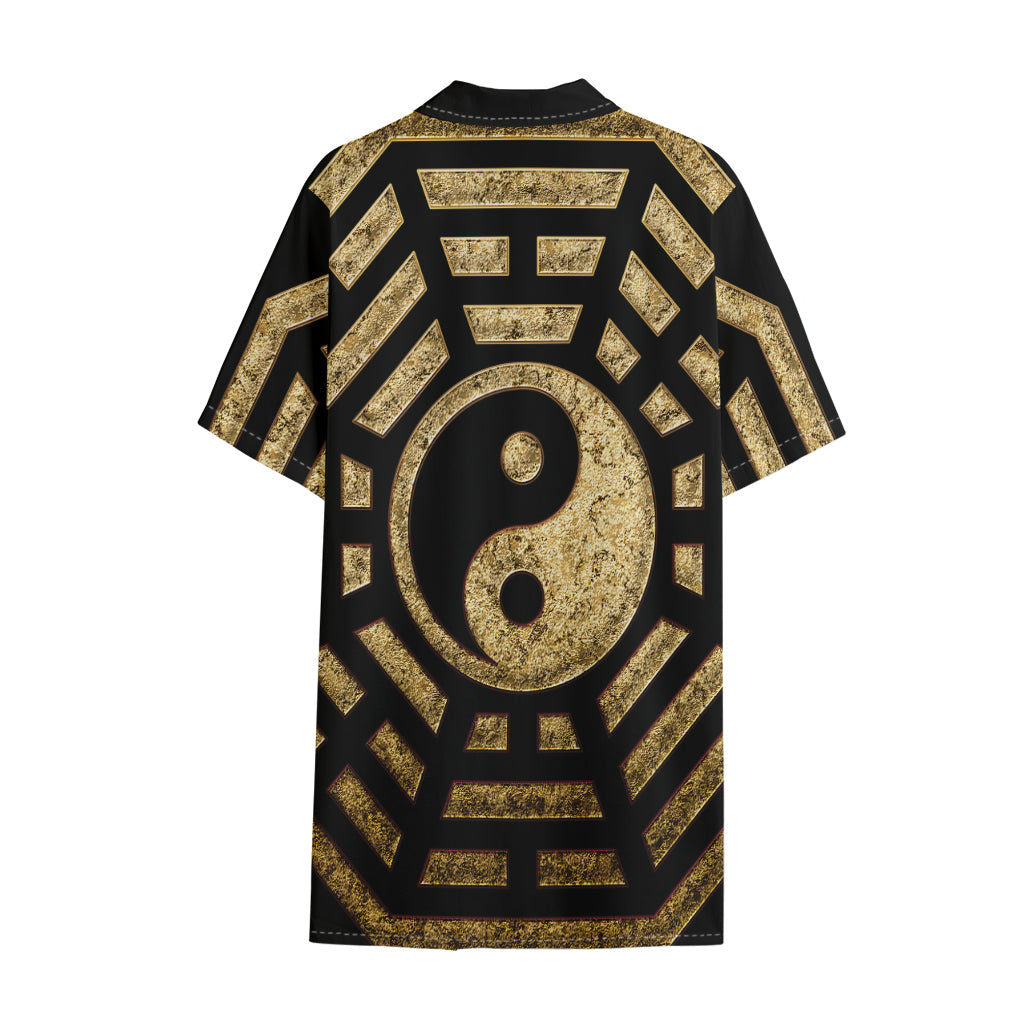 Gold Bagua Yin Yang Print Cotton Hawaiian Shirt