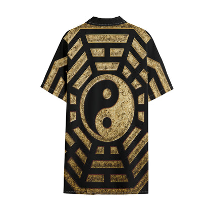 Gold Bagua Yin Yang Print Cotton Hawaiian Shirt