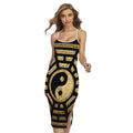 Gold Bagua Yin Yang Print Cross Back Cami Dress