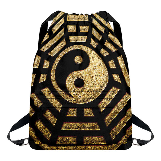Gold Bagua Yin Yang Print Drawstring Backpack