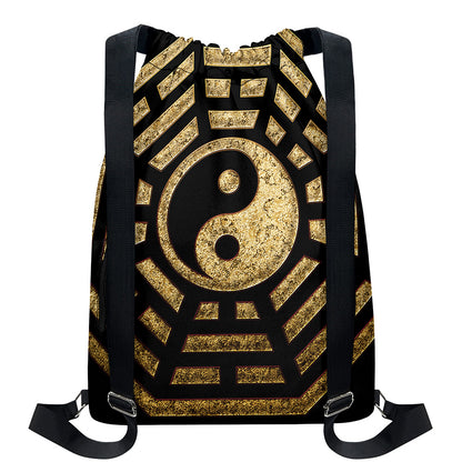 Gold Bagua Yin Yang Print Drawstring Backpack