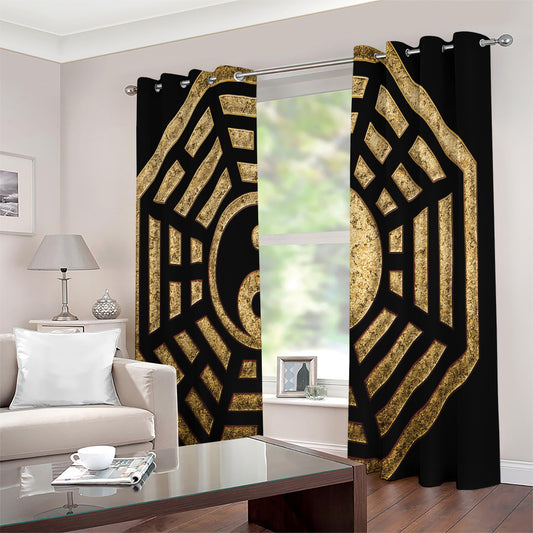 Gold Bagua Yin Yang Print Extra Wide Grommet Curtains