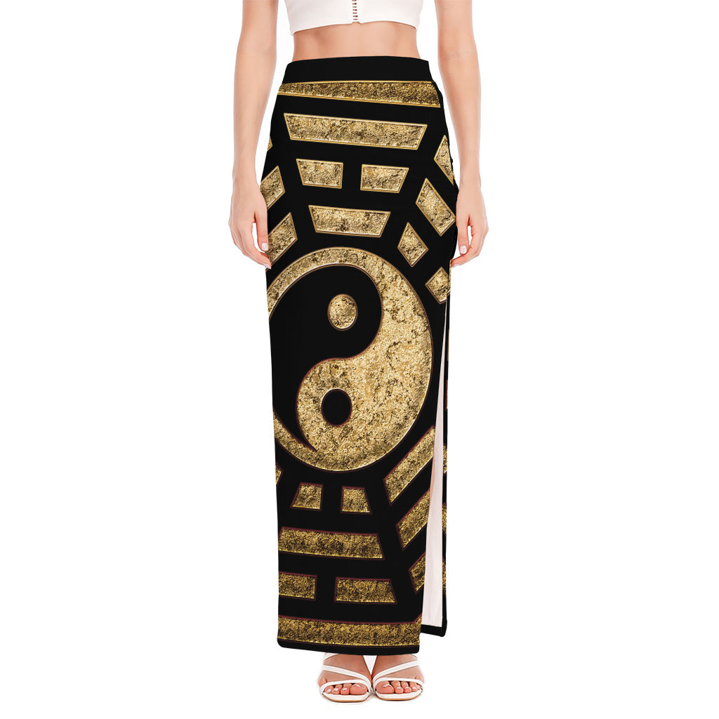 Gold Bagua Yin Yang Print High Slit Maxi Skirt