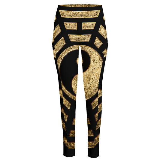 Gold Bagua Yin Yang Print High-Waisted Pocket Leggings