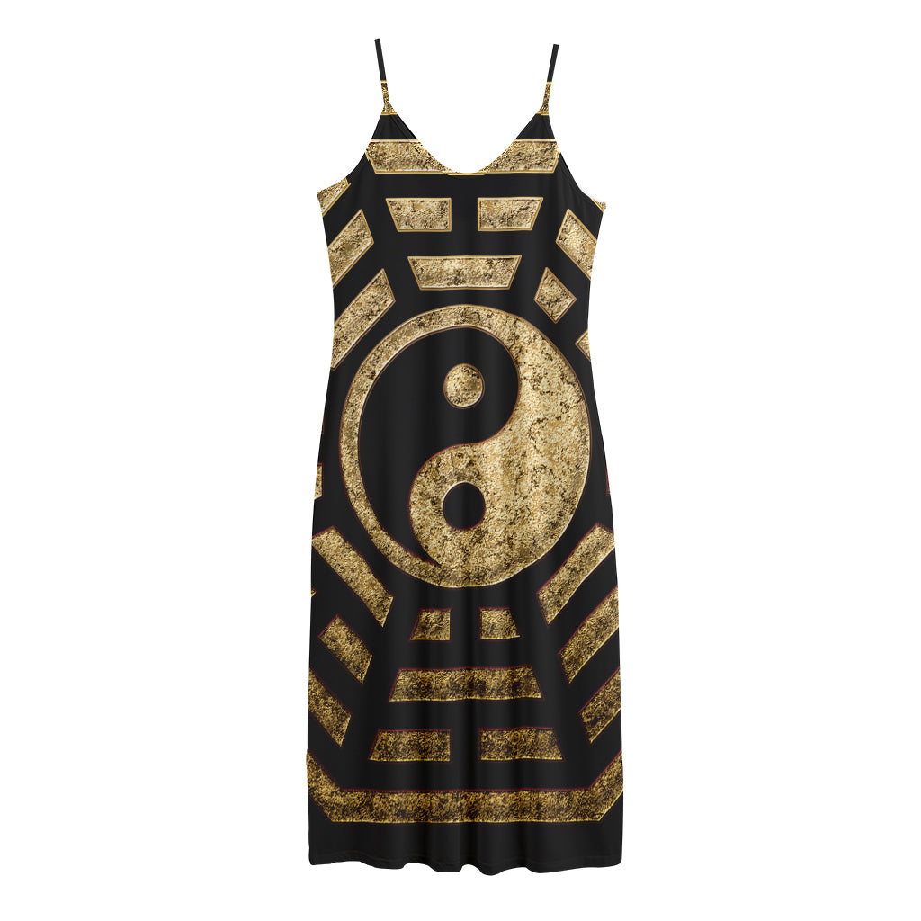 Gold Bagua Yin Yang Print Jersey Midi Cami Dress