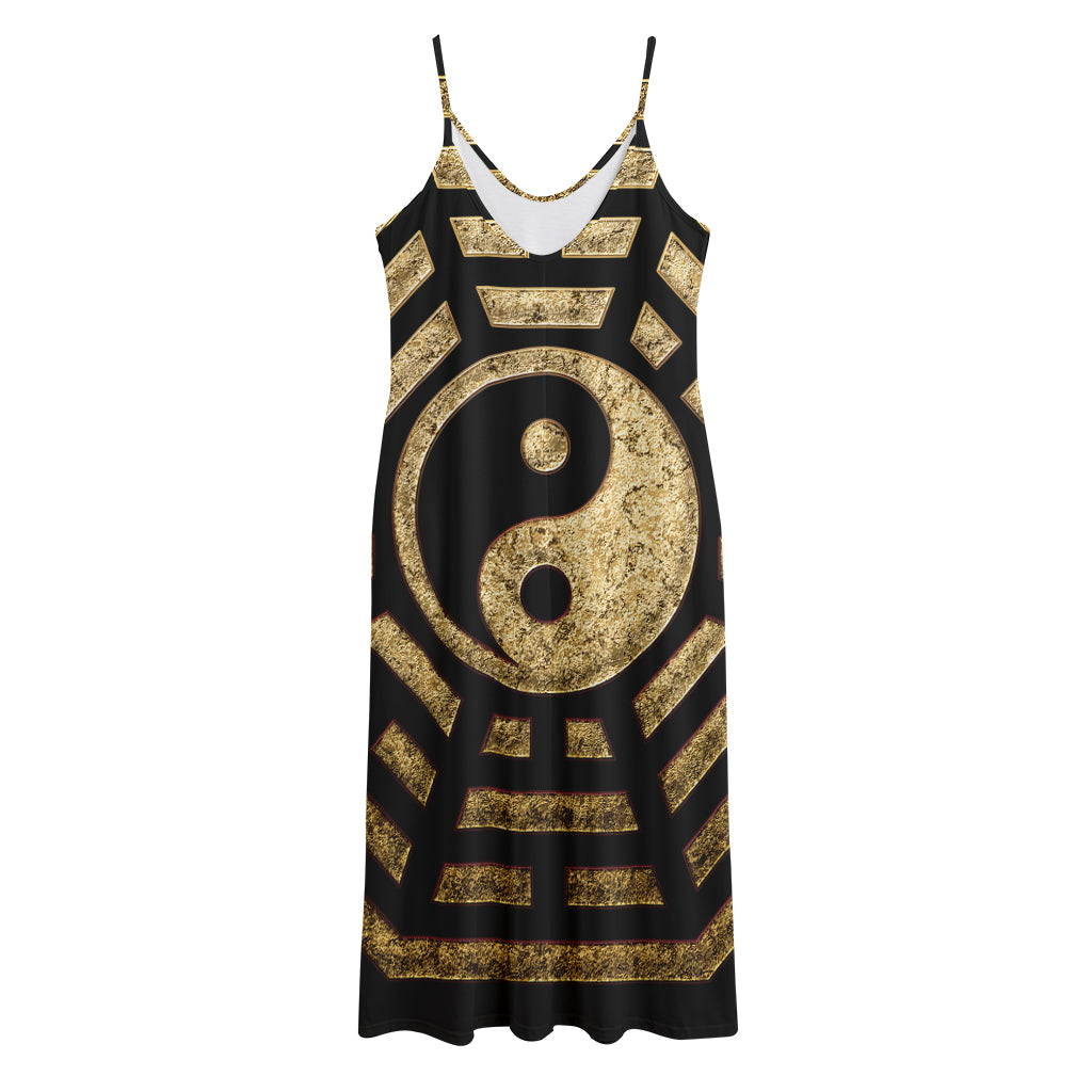 Gold Bagua Yin Yang Print Jersey Midi Cami Dress