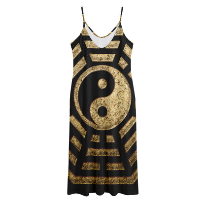 Gold Bagua Yin Yang Print Jersey Midi Cami Dress