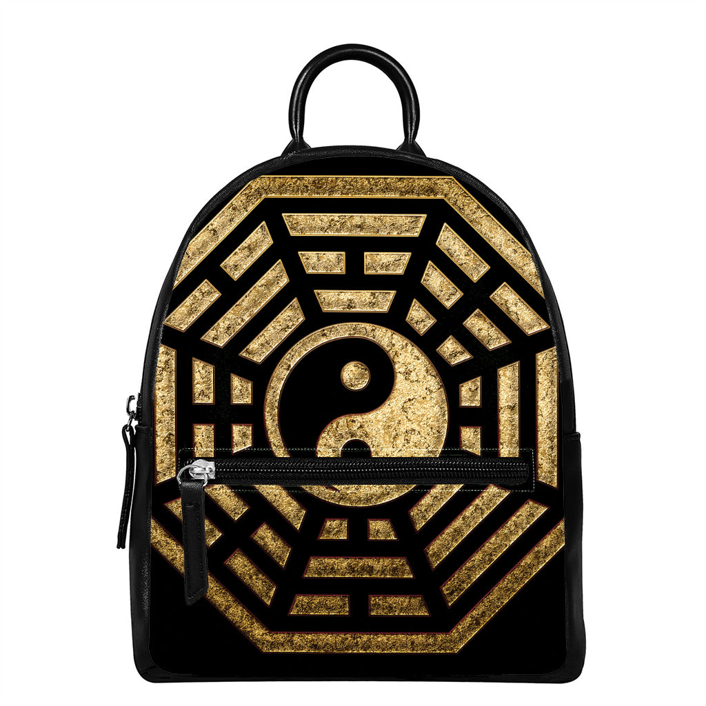 Gold Bagua Yin Yang Print Leather Backpack