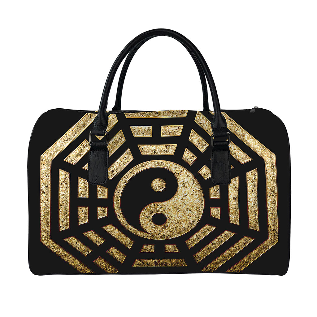 Gold Bagua Yin Yang Print Leather Duffle Bag