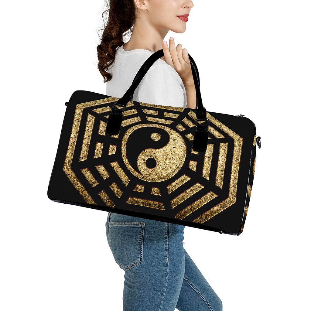 Gold Bagua Yin Yang Print Leather Duffle Bag