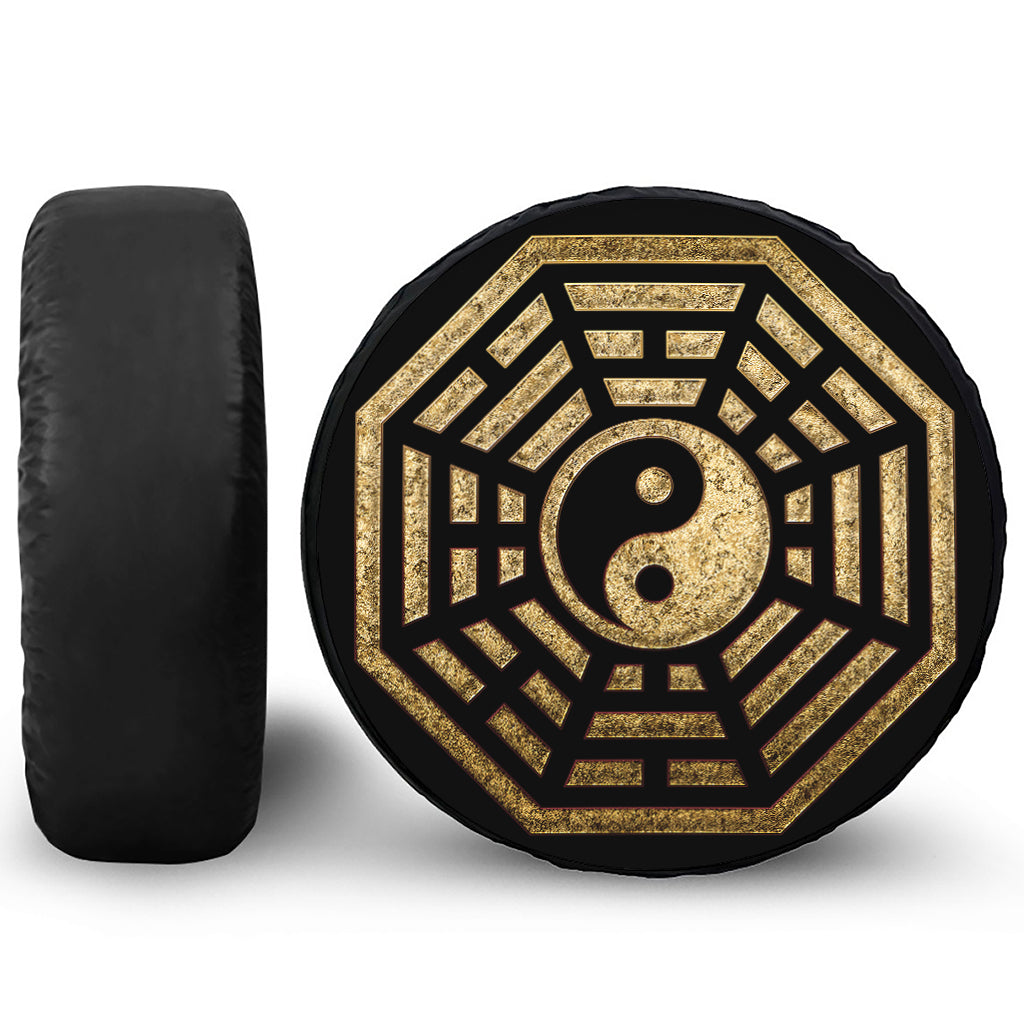 Gold Bagua Yin Yang Print Leather Spare Tire Cover