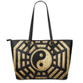 Gold Bagua Yin Yang Print Leather Tote Bag With Zipper