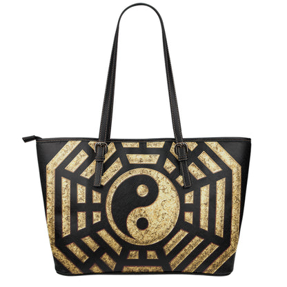 Gold Bagua Yin Yang Print Leather Tote Bag