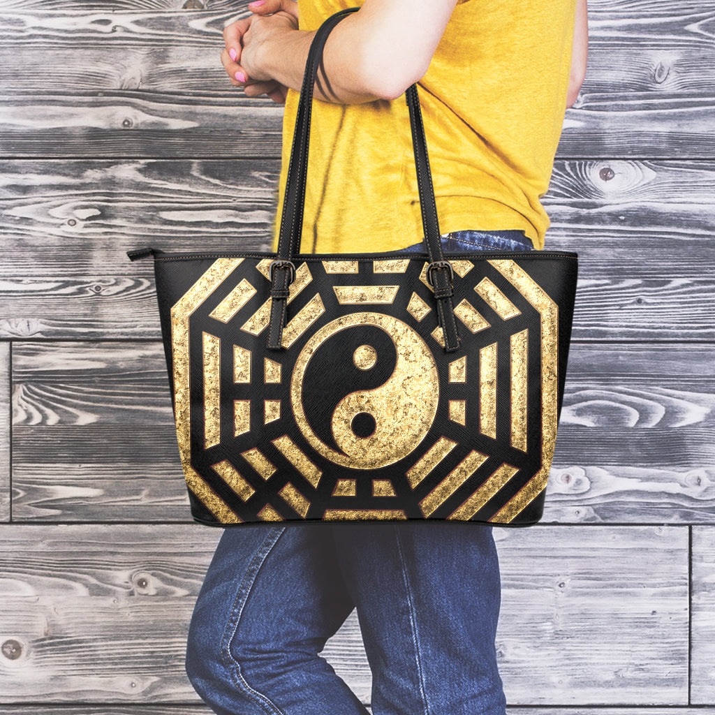 Gold Bagua Yin Yang Print Leather Tote Bag
