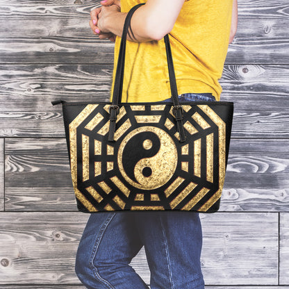 Gold Bagua Yin Yang Print Leather Tote Bag
