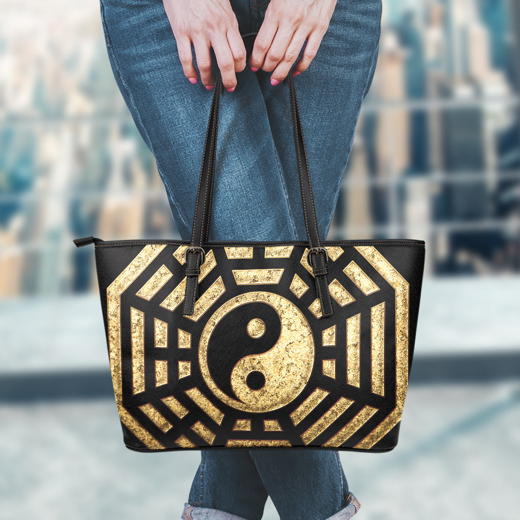 Gold Bagua Yin Yang Print Leather Tote Bag