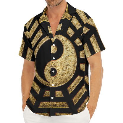 Gold Bagua Yin Yang Print Men's Deep V-Neck Shirt