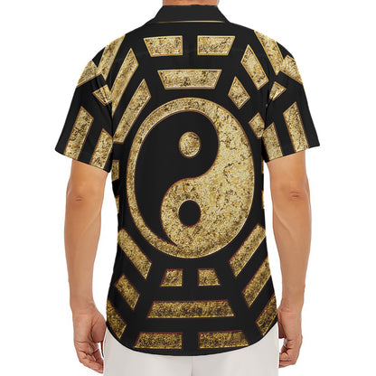 Gold Bagua Yin Yang Print Men's Deep V-Neck Shirt