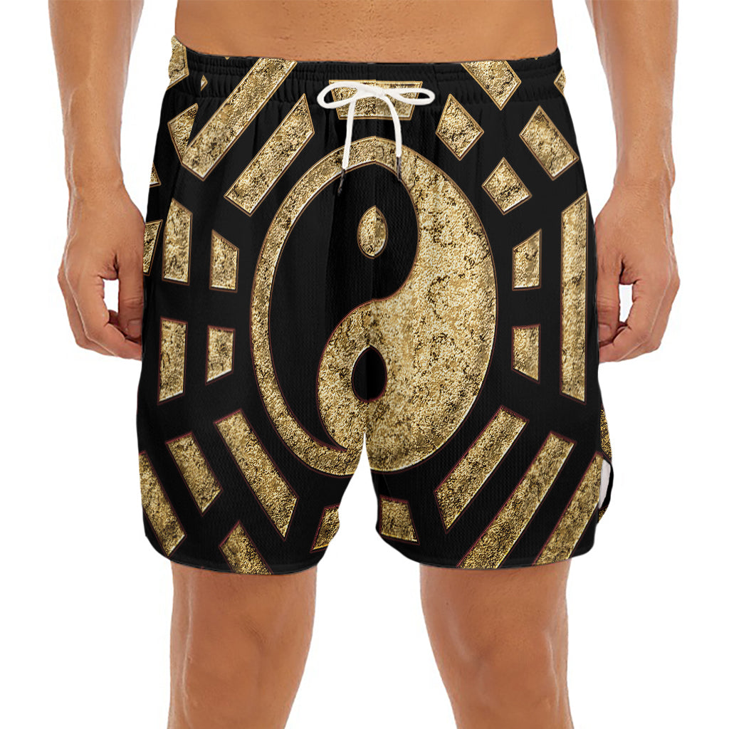 Gold Bagua Yin Yang Print Men's Split Running Shorts