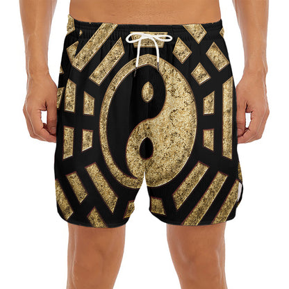 Gold Bagua Yin Yang Print Men's Split Running Shorts