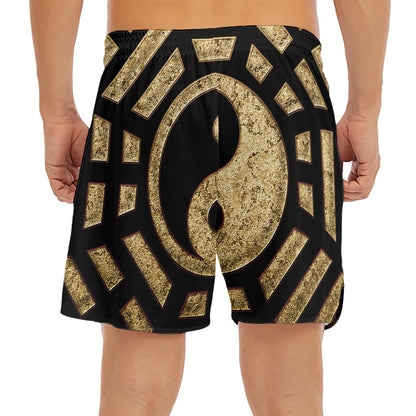 Gold Bagua Yin Yang Print Men's Split Running Shorts