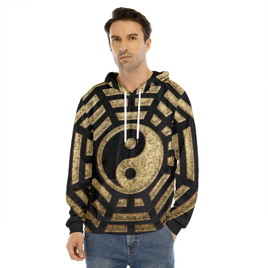 Gold Bagua Yin Yang Print Men's Velvet Pullover Hoodie