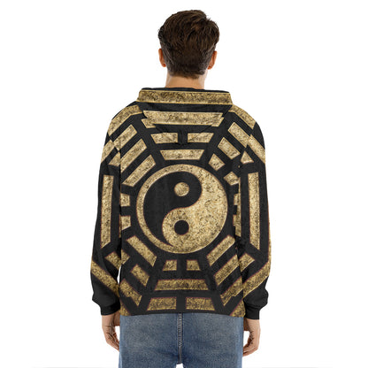 Gold Bagua Yin Yang Print Men's Velvet Pullover Hoodie