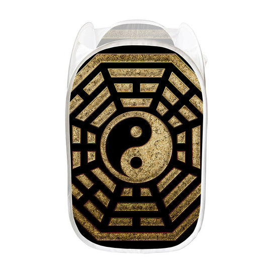 Gold Bagua Yin Yang Print Mesh Laundry Hamper