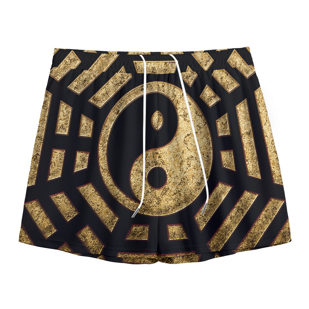 Gold Bagua Yin Yang Print Mesh Shorts