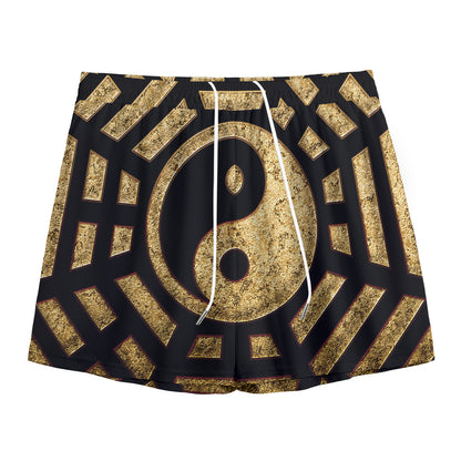 Gold Bagua Yin Yang Print Mesh Shorts