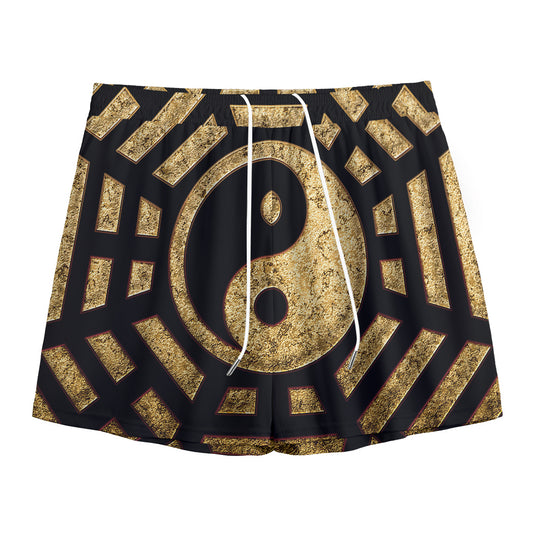 Gold Bagua Yin Yang Print Mesh Shorts