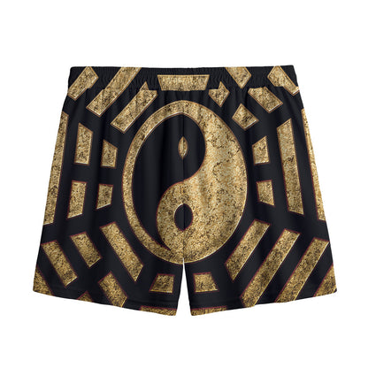 Gold Bagua Yin Yang Print Mesh Shorts