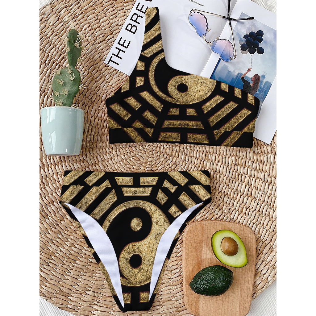 Gold Bagua Yin Yang Print One Shoulder Bikini Top