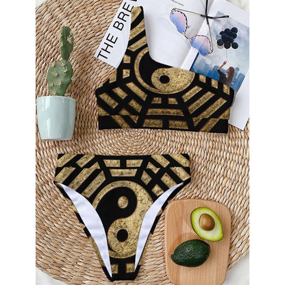 Gold Bagua Yin Yang Print One Shoulder Bikini Top