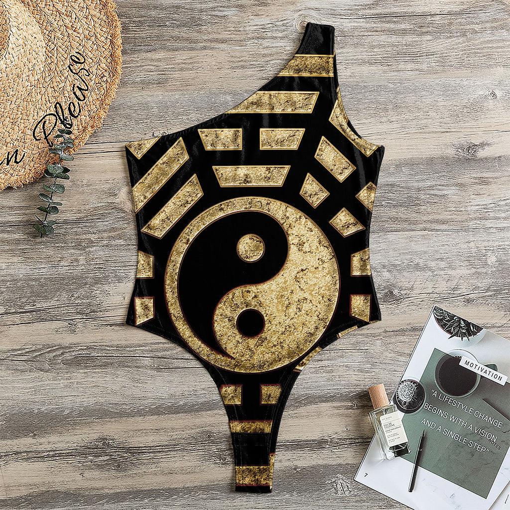 Gold Bagua Yin Yang Print One Shoulder Bodysuit