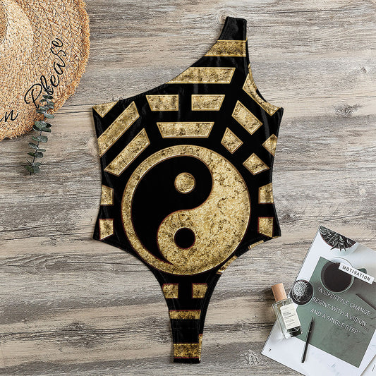 Gold Bagua Yin Yang Print One Shoulder Bodysuit