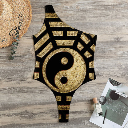 Gold Bagua Yin Yang Print One Shoulder Bodysuit