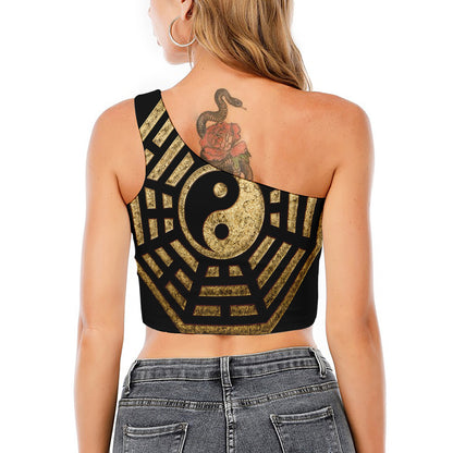 Gold Bagua Yin Yang Print One Shoulder Crop Top